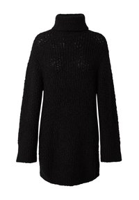Schwarzer Strickpullover mit hohem Rollkragen, langen Ärmeln und oversized Passform. Verfügt über ein strukturiertes Muster und eine leichte Transparenz im Design.
