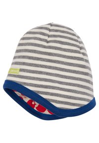 Berretto a maglia grigio e bianco a righe con bordo blu, caratterizzato da un motivo di uccelli rossi all'interno. Design in tessuto morbido e elasticizzato.