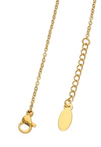 Arany lánc nyaklánc ovális címkével és homár kapoccsal; összefonódó láncszemeket, sima felületet és fényes bevonatot tartalmaz.