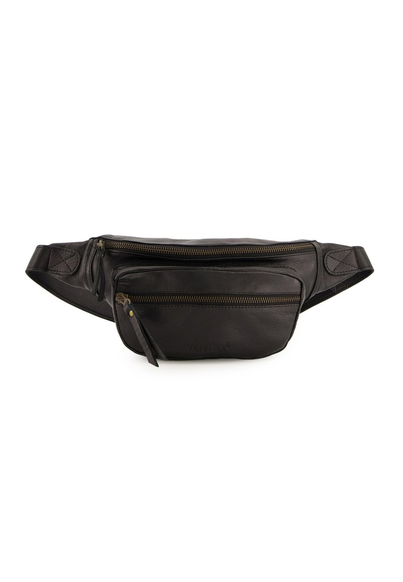 Schwarze Leder-Gürteltasche mit zwei Reißverschlussfächern, flacher Form, verstellbarem Riemen und dezentem Logodruck auf der Vorderseite.