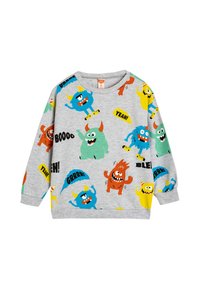 Sudadera gris con gráficos de monstruos coloridos y texto. Cuello redondo, mangas largas, tela suave. Los patrones incluyen monstruos en azul, verde, rojo y amarillo.