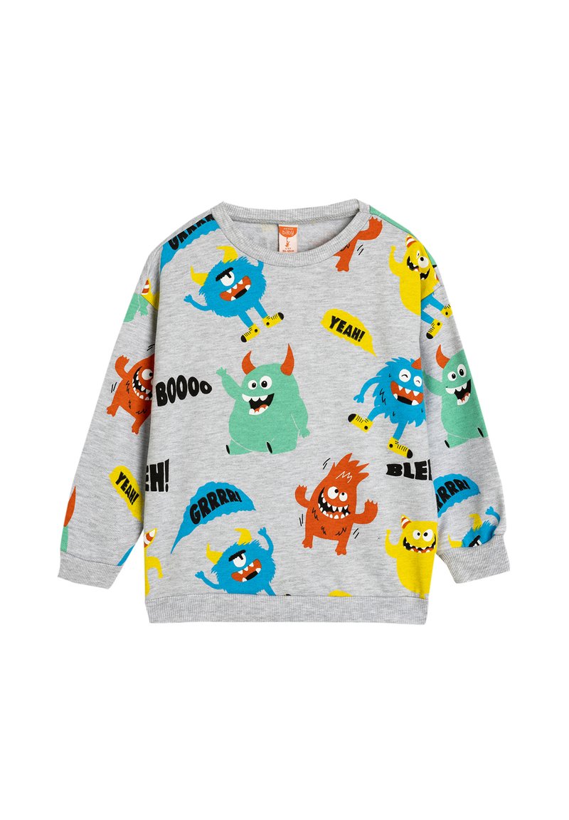 Sudadera gris con gráficos de monstruos coloridos y texto. Cuello redondo, mangas largas, tela suave. Los patrones incluyen monstruos en azul, verde, rojo y amarillo.