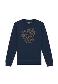 Navy crewneck sweatshirt van zacht materiaal met een minimalistisch bloemenontwerp in bruin en geel. Ribbelboorden en -zoom.
