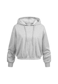 Haut de sport cropped gris clair avec des manches longues, cordons de serrage, poignets côtelés et ourlet élastique, présenté sur un fond blanc.