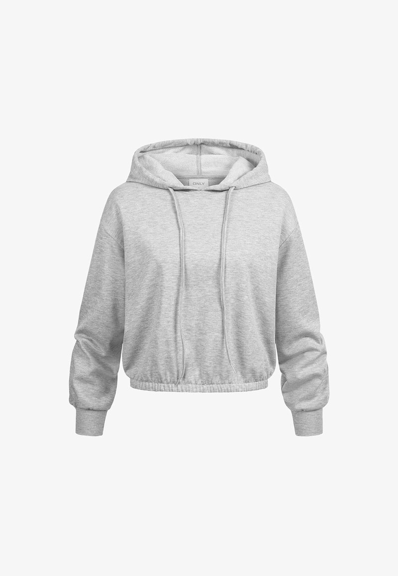 Světle šedá zkrácená mikina s dlouhými rukávy, šňůrkami, žebrovanými manžetami a elastickým lemem, vystavená na bílém pozadí.