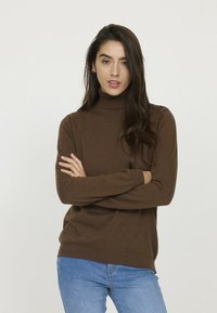 Pull en col roulé marron avec des détails côtelés au col et aux poignets, associé à un jean bleu, présenté sur un fond neutre.