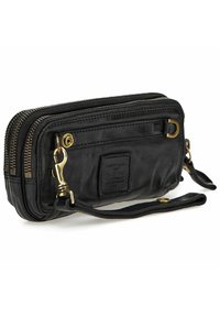 Portafoglio in pelle nera con finitura testurizzata, chiusura a doppia zip e accenti in metallo dorato. Include un cinturino per il polso per facilitarne il trasporto.