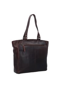 Sac fourre-tout en cuir marron avec une texture lisse, doté de deux poignées robustes, d'une poche zippée à l'avant et de détails de couture le long du corps.