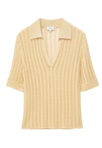 Polo beige à manches courtes en maille, avec col ouvert et motif vertical dentelle dans un tissu léger.