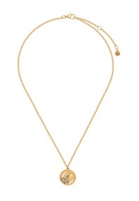Gold chain necklace featuring a round pendant with a snake design and a star accent. Smooth texture with a polished finish.