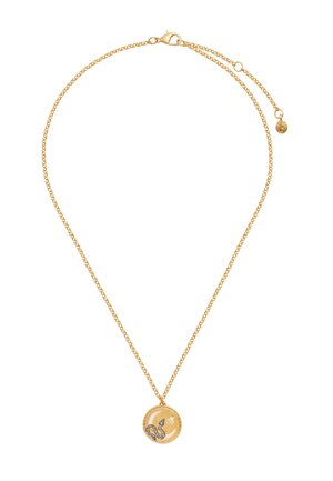 Gold chain necklace featuring a round pendant with a snake design and a star accent. Smooth texture with a polished finish.