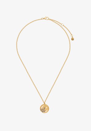 Collier en chaîne en or avec un pendentif rond représentant un serpent et un accent d'étoile. Texture lisse avec une finition polie.