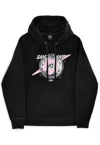 Sudadera negra con un gráfico frontal que presenta un planeta rosa, un ojo y texto. Incluye cordones, un bolsillo frontal y puños de canalé.
