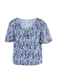 Blauwe top met korte mouwen en een V-hals, met een bladpatroon in wit en lichtblauw op een donkerblauwe achtergrond. Zacht, lichtgewicht materiaal.