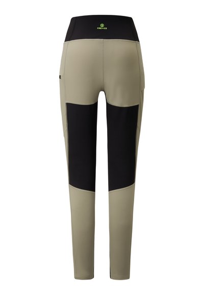 Tight-fitting athletic pants in olive green and black materials, featuring a high waistband, panelled design, and logo detail at the back.