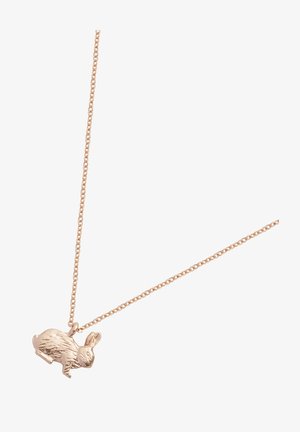 Ketting van roségoud met een klein hangertje in de vorm van een gedetailleerde, getextureerde konijn in een gehurkte houding.