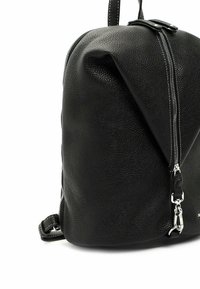 Black leather backpack featuring a textured finish, distinct triangular shape, and silver zip hardware detailing along the front.