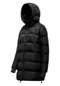 Zwarte gewatteerde jas met capuchon, voorzien van een quilted design, ritsluiting, elastische manchetten en een verstelbare onderrand voor een comfortabele pasvorm.