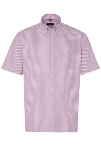 Short-sleeve button-up shirt in light pink and white vertical stripes, featuring a single chest pocket and a standard collar.