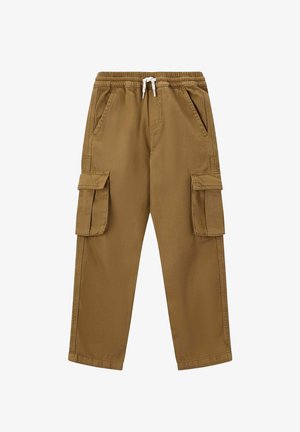 Braune Cargo-Hosen mit elastischem Bund, weißem Kordelzug, Seitentaschen und Klapptaschen an beiden Oberschenkeln.