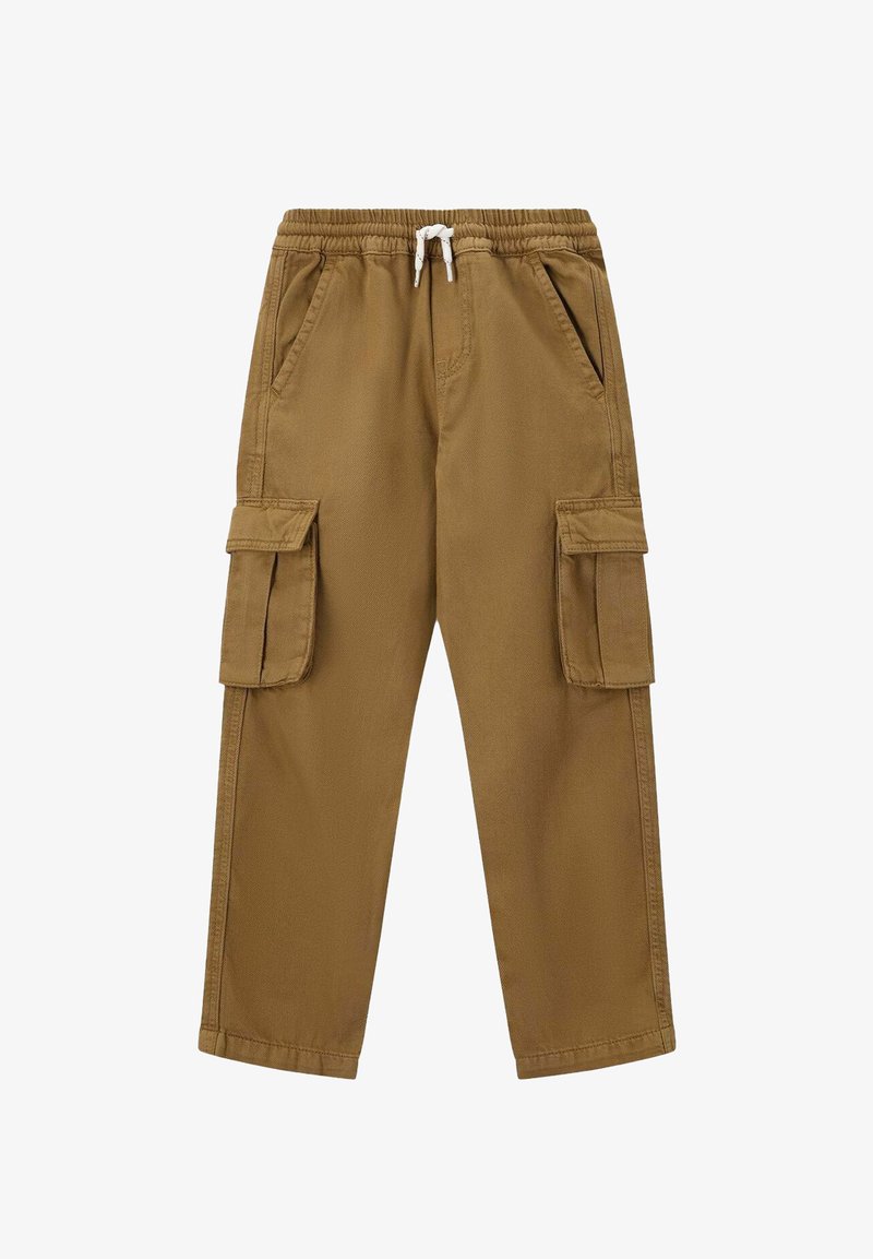 Braune Cargo-Hosen mit elastischem Bund, weißem Kordelzug, Seitentaschen und Klapptaschen an beiden Oberschenkeln.
