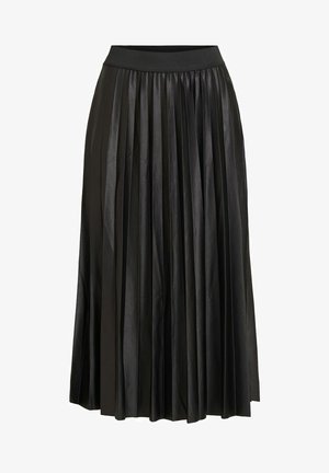 Black pleated skirt made of faux leather with a wide elastic waistband. The skirt features a flowing design that reaches the ankles.