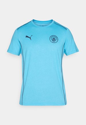 Šviesiai mėlyna sportinė marškinė iš pralaidaus audinio, su apvaliu kaklu, trumpomis rankovėmis ir tamsiai mėlynu logotipu bei akcentais.