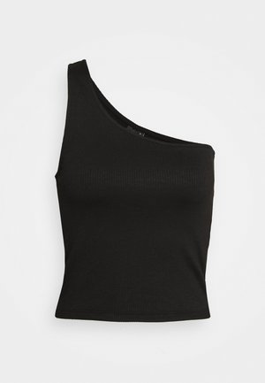 Asymmetrisk svart ribbad croptop med en axelband och en figurnära silhuett. Mjuk textur med en ren fåll.