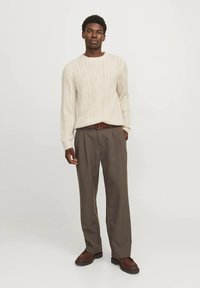 Pulover crem din tricot cu model împletit, cu decolteu cu dungi, asortat cu pantaloni plisati maro deschis și pantofi de piele maro închis.