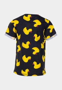 Cotton T-shirt featuring a navy background with repeated yellow rubber duck patterns, short sleeves with gray accents, and a crew neck.