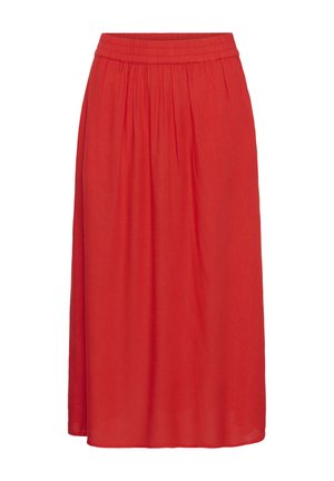 Jupe midi rouge avec taille élastique et plis subtils froncés, confectionnée en tissu léger.