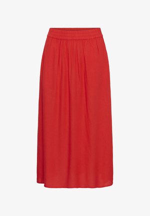 Jupe midi rouge avec taille élastique et plis subtils froncés, confectionnée en tissu léger.