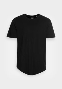 Schwarzes Baumwoll-T-Shirt mit kurzen Ärmeln, rundem Halsausschnitt und abgerundetem Saum. Glatte Textur, leichtes Material, keine sichtbaren Muster oder Akzente.