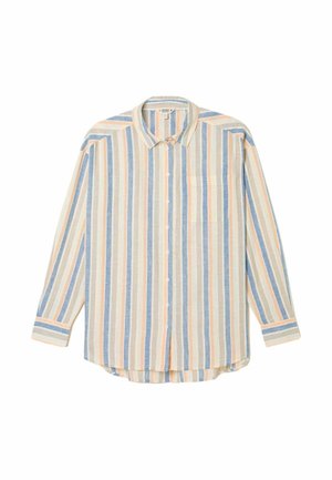 Langärmliges Hemd mit Knöpfen und vertikalen Streifen in Hellblau, Beige, Weiß und Pfirsich, mit Kragen und Brusttasche.