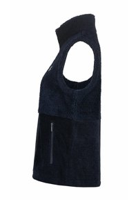 Marineblauwe mouwloze fleece vest met een hoge kraag en een ritssluiting zak aan de linkerkant, textuurstof voor warmte.