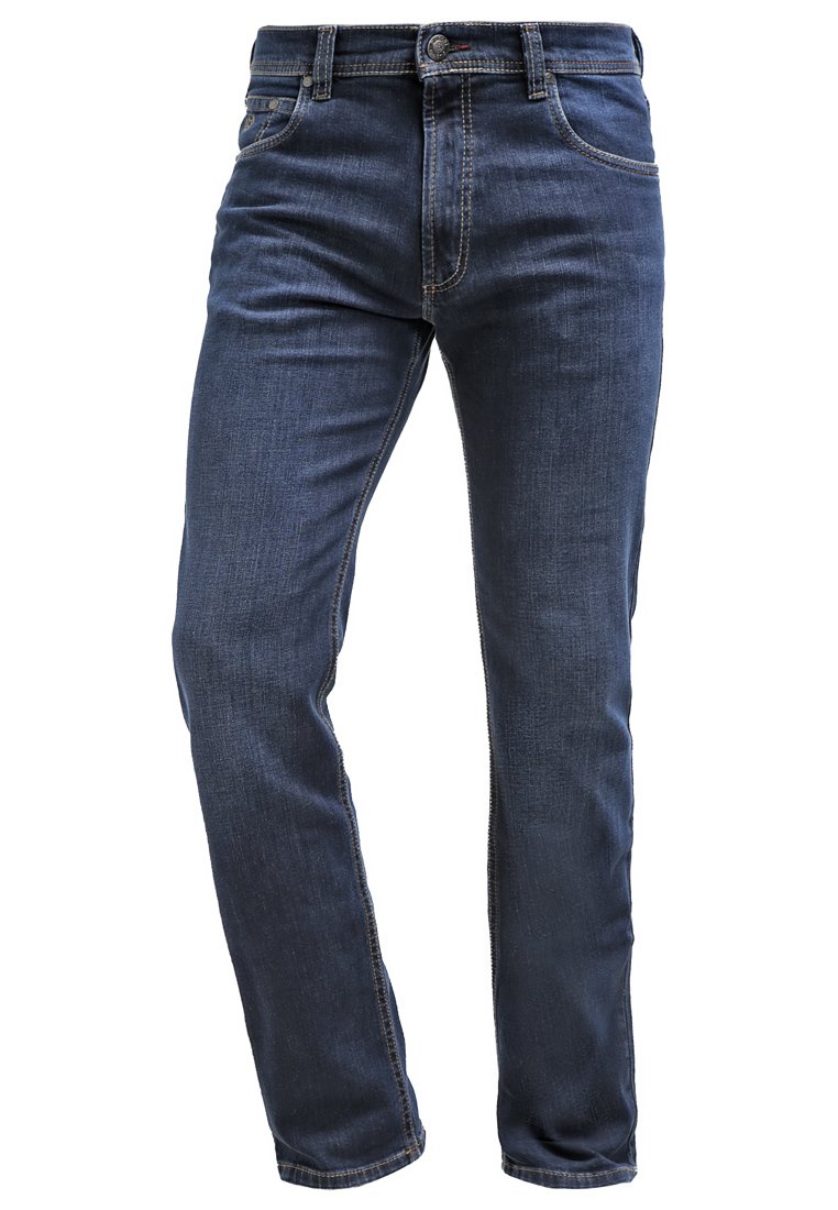 Dunkelblaue Slim-Fit-Denim-Jeans mit Knopf- und Reißverschluss, Vorder- und Gesäßtaschen sowie kontrastierenden Nähten.