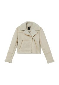 Veste en simili cuir beige avec col et poignets en shearling, fermeture éclair à l'avant, poches latérales et design court ajusté. Texture douce tout au long.
