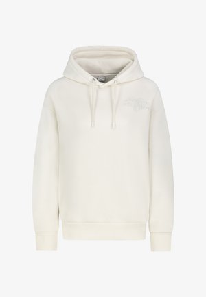 Cremefarbener Hoodie aus weichem Material, mit einer vorderen Tasche, verstellbaren Kordeln und geprägtem Textdetail auf der Brust.