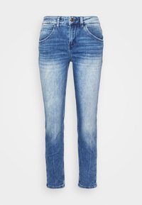 Light blue denim jeans with a straight leg design, featuring five pockets and a button closure. Subtle fading and whiskering detail.