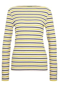 Långärmad ribbad topp med fyrkantig halsringning, med växlande ränder i gult, svart och vitt. Mjuk textur, kroppsnära design.