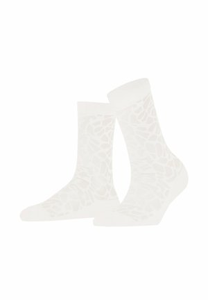 Weiße Socken mit einem strukturierten Muster, das abstrakte Formen ähnelt, mit einem soliden Bund und einer glatten Oberfläche. Eignen sich für die Freizeit.