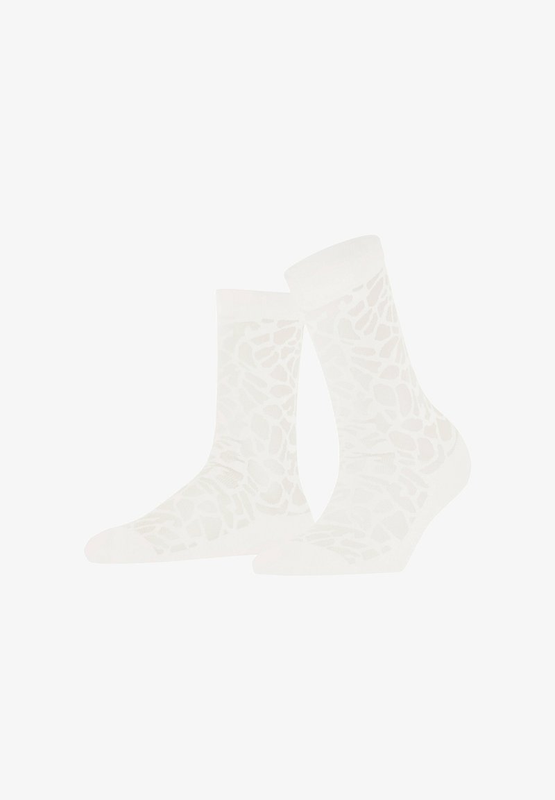 Weiße Socken mit einem strukturierten Muster, das abstrakte Formen ähnelt, mit einem soliden Bund und einer glatten Oberfläche. Eignen sich für die Freizeit.