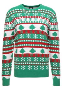 Sweter świąteczny z dzianiny o zielonym tle z czerwonymi, białymi i zielonymi geometrycznymi wzorami; okrągły dekolt i długie rękawy.