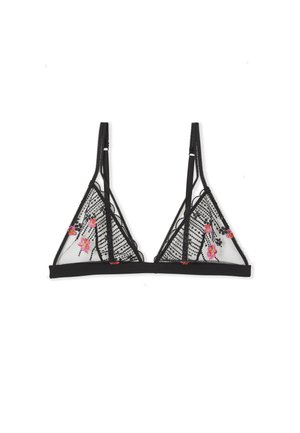 Black mesh triangle bralette with embroidered pink flowers and vertical stripes. Features adjustable straps and a solid black band.