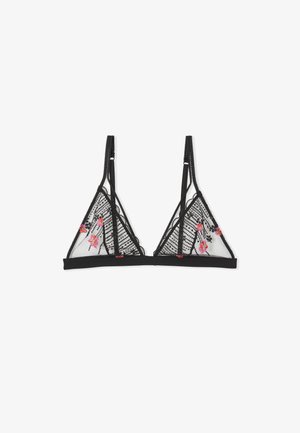 Bralette triangulaire en mesh noir avec des fleurs roses brodées et des rayures verticales. Doté de bretelles réglables et d'une bande noire unie.