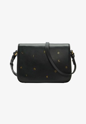 Borsa a tracolla nera in pelle con lettering dorato "LIEB KINDS" sparso sulla parte anteriore, design piatto, tracolla regolabile e superficie liscia.