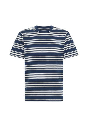 Kurzärmeliges marineblaues T-Shirt mit weißen horizontalen Streifen, die gleichmäßig über den Körper und die Ärmel verteilt sind, mit rundem Ausschnitt.