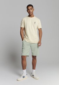 Lichtgele katoenen t-shirt met een klein grafisch ontwerp, gecombineerd met mintgroene shorts. Gecombineerd met witte sokken en beige sneakers.