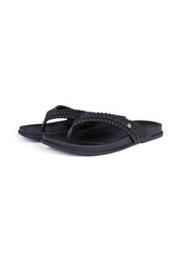 Black flip-flops with woven straps, flat sole, textured surface, and a small gold accent on one strap. Lightweight and casual design.