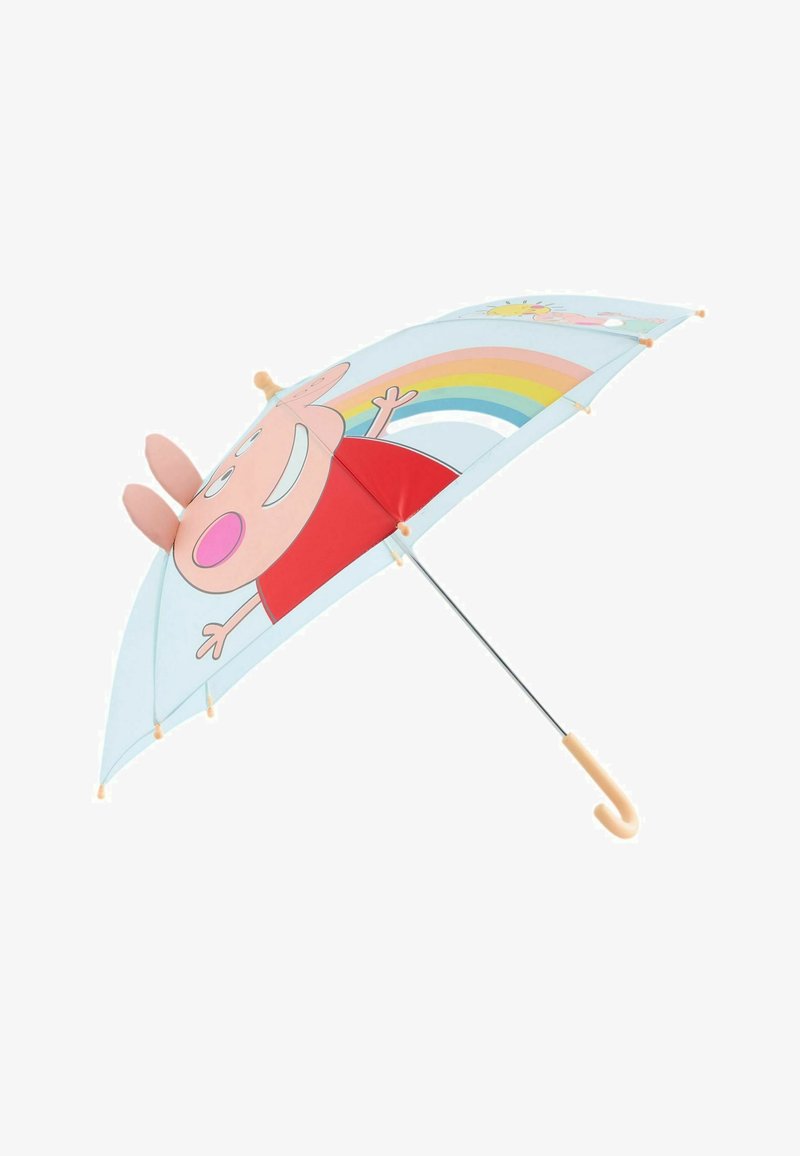 Umbrelă pentru copii cu un porc de desene animate care poartă un tricou roșu și un curcubeu pe un fundal albastru deschis, mâner curbat bej.